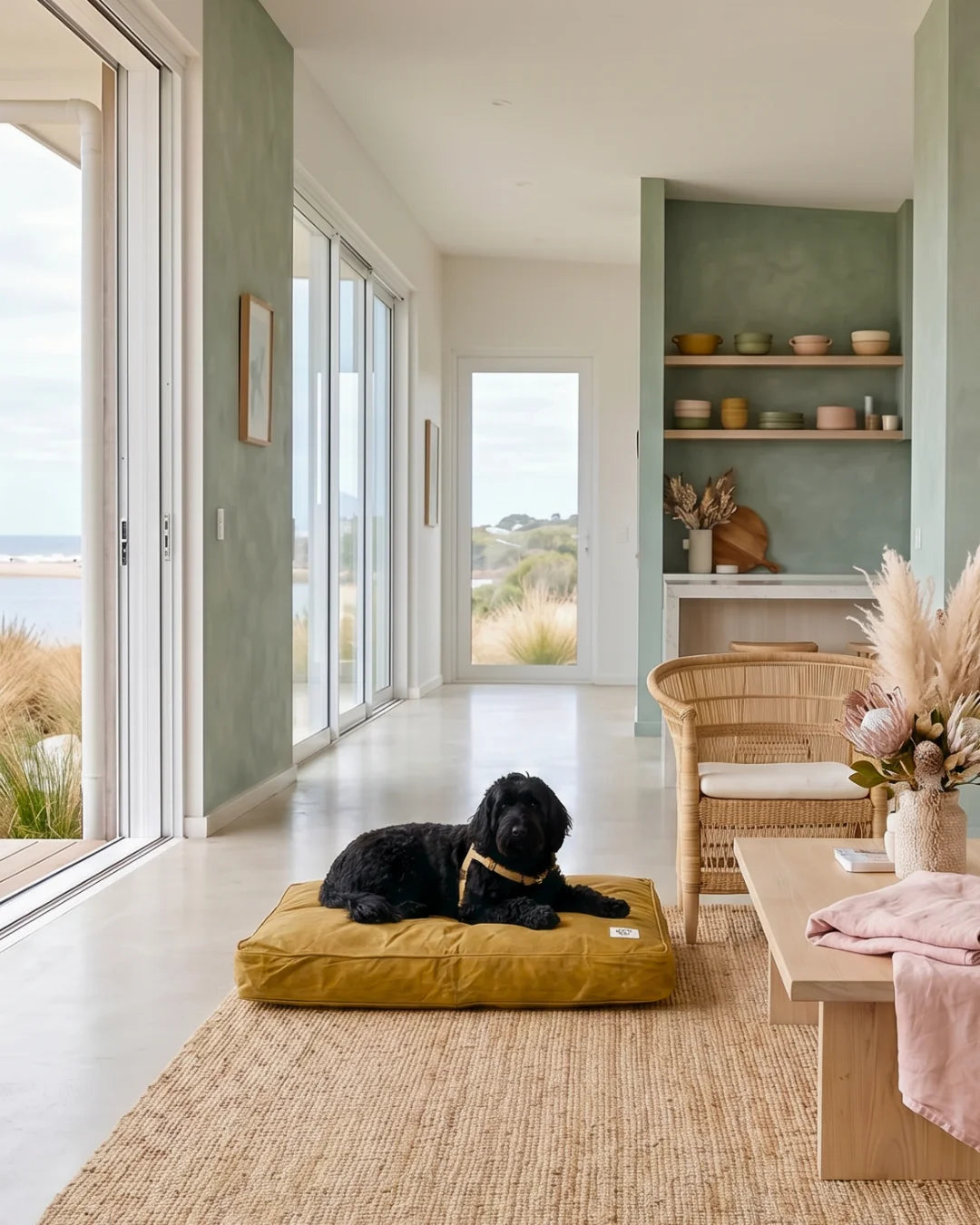 Dog lying on a yellow dog bed in a modern living room with large windows and a view of the ocean.