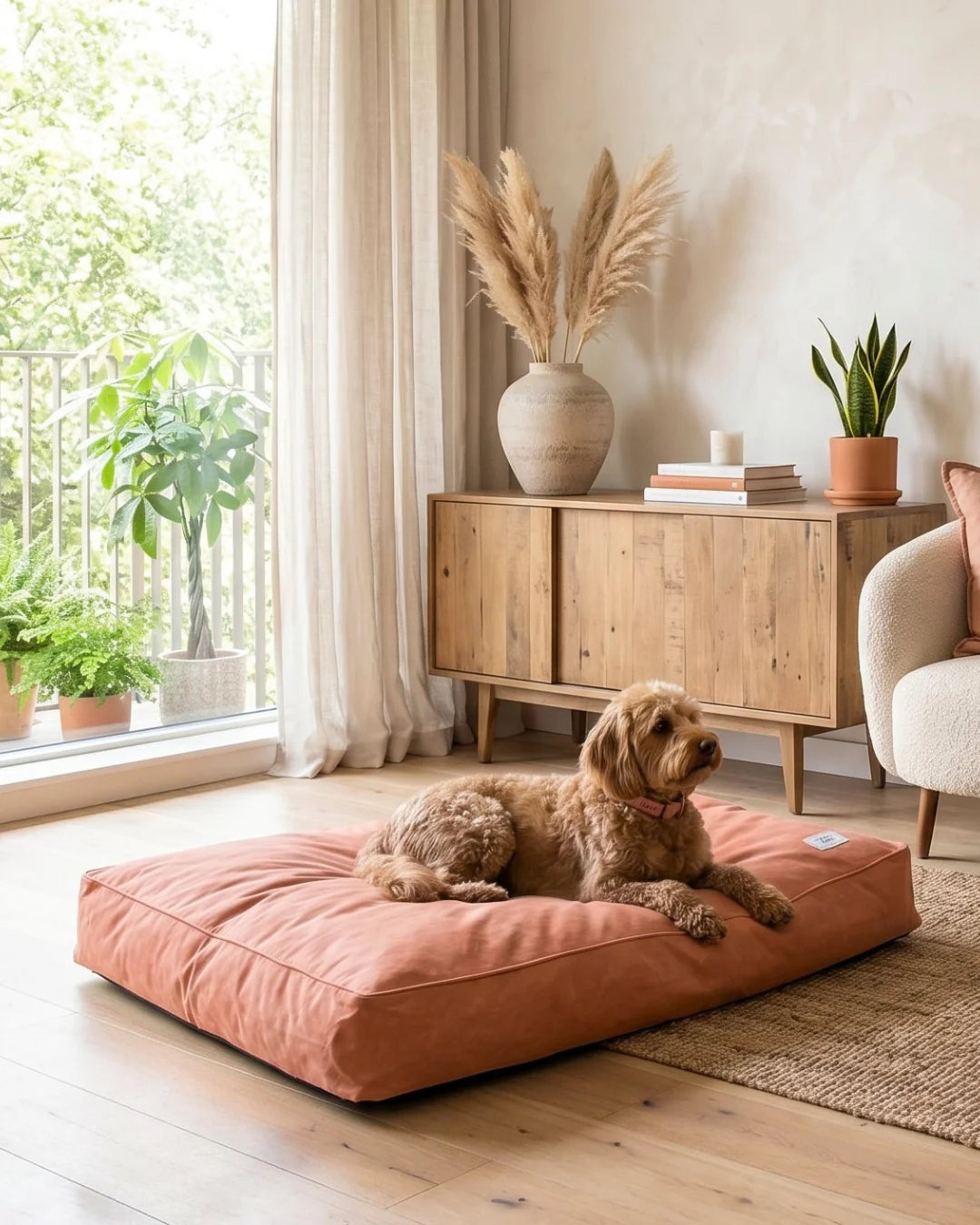 A fluffy golden-brown dog lies on a large, clay colour dog bed in a bright, modern living room with a wooden sideboard.