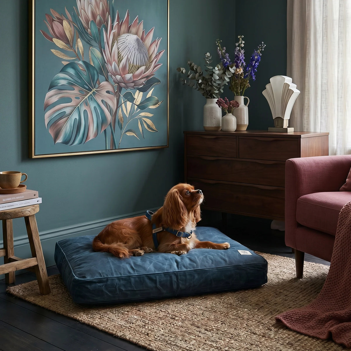 Dog lying on a blue dog bed in a stylish living room with a painting and flowers in the background.