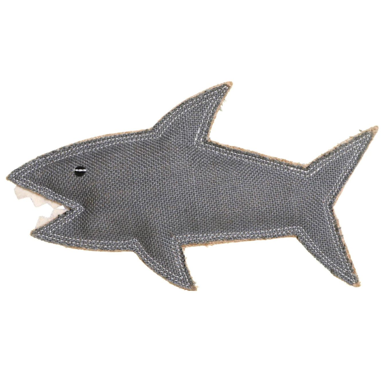 Shazza the shark by outback tails eco friendly dog toy on a white background. Image shows the double stitching and natural jute fabric