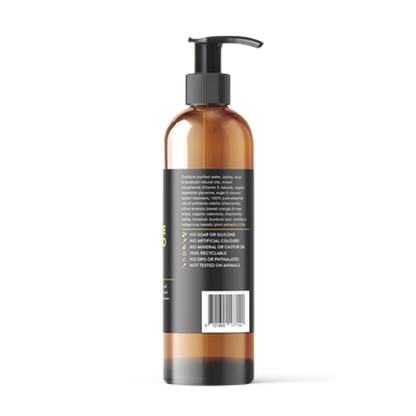 Opposite side of label of Pump bottle of Sensitive Dog shampoo Chamomile, Orange & Rosewood on a white background