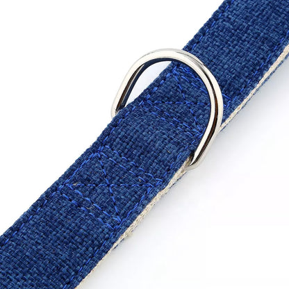 Close up of Organic Hemp & Cotton Dog Collar - Ink Blue shows the durable webbing of the organic hemp and cotton blend and the premium quality of the metal D ring
