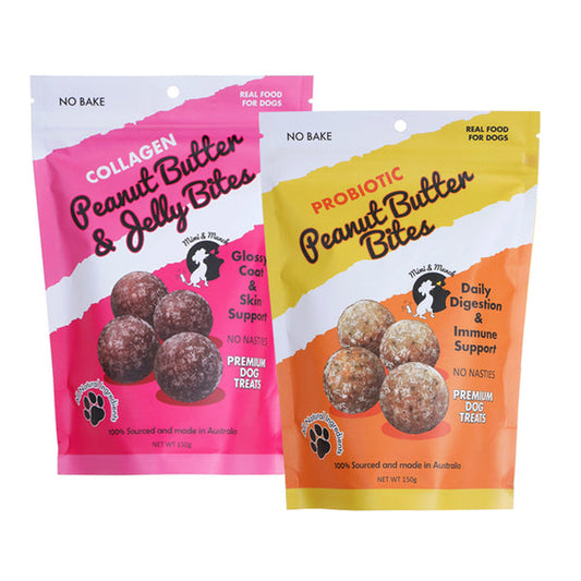 Collagen Peanut Butter and Jelly bites pictured with Probiotic Peanut Butter bites dog treats on a white background
