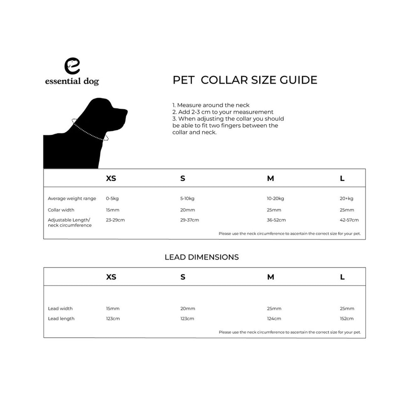 Size guide for the dog collar