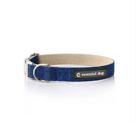 Close up photo of Organic Hemp & Cotton Dog Collar Ink Blue on a white background