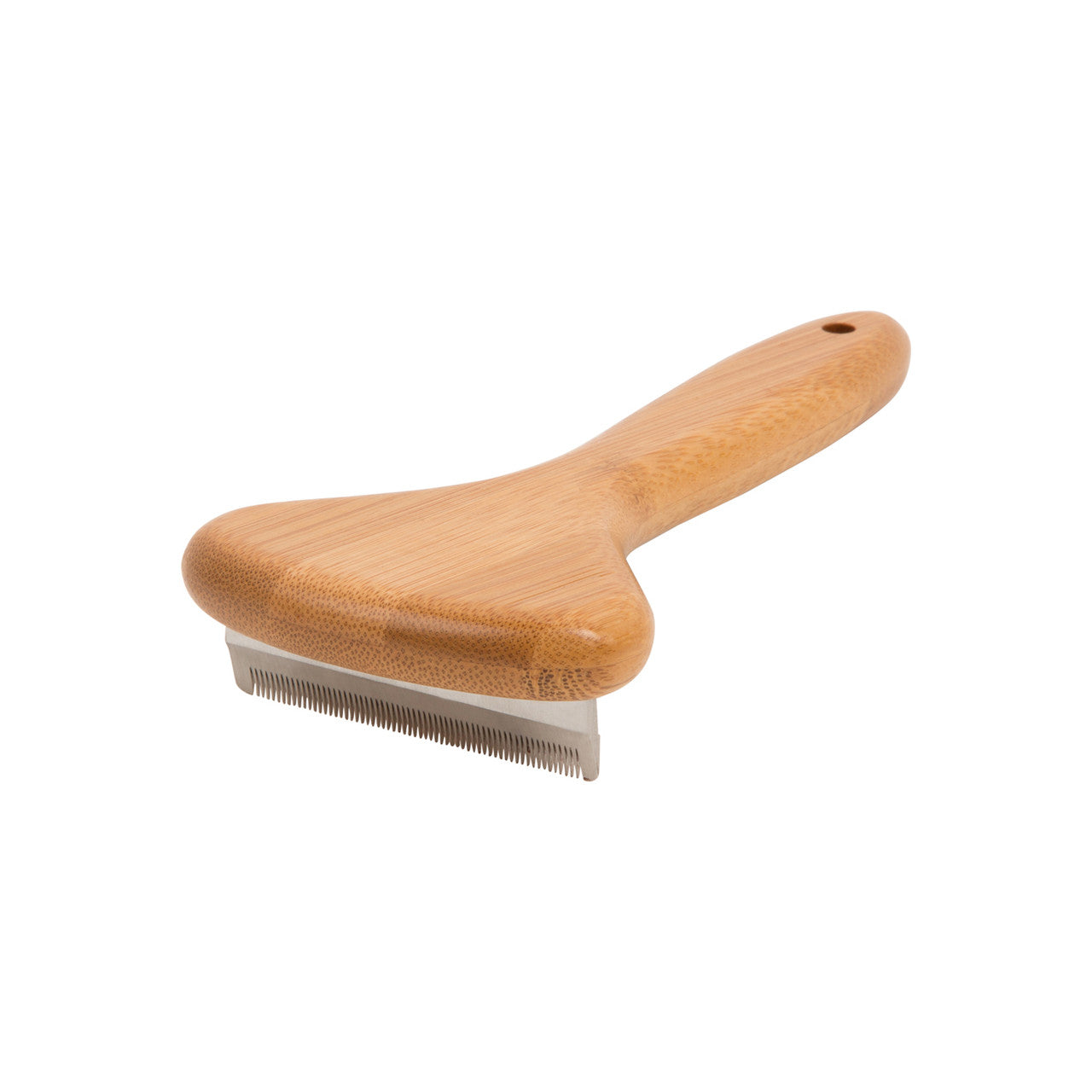 Natural bamboo deshedding brush facing down with metal comb close up on white background