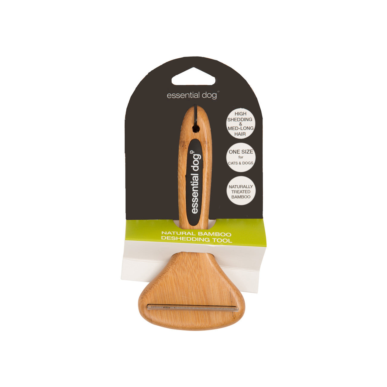 Natural bamboo deshedding brush in cardboard packaging on white background