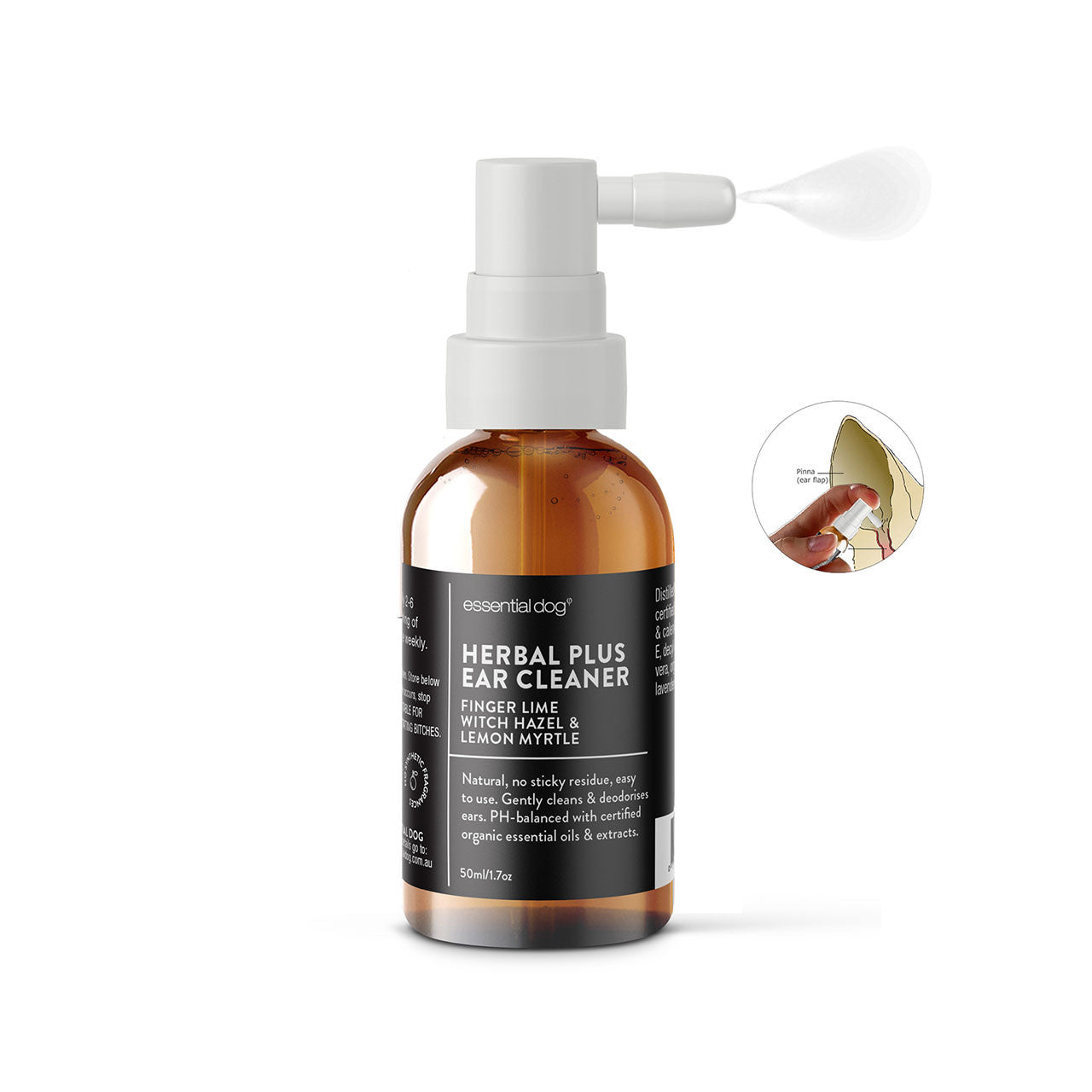 Natural herbal dog ear cleaner with spray attachment on white background. Features a graphic on how to apply to the ear by spraying just inside the ear.