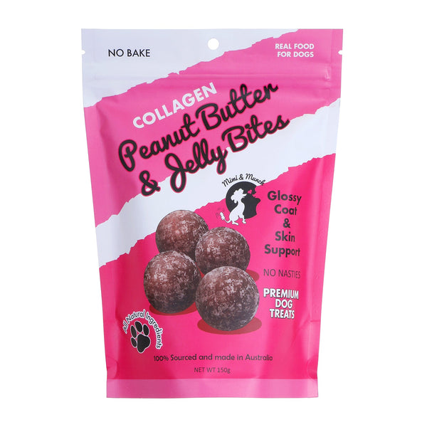 Packet of collagen peanut butter and jelly bites dog treats on a white background.