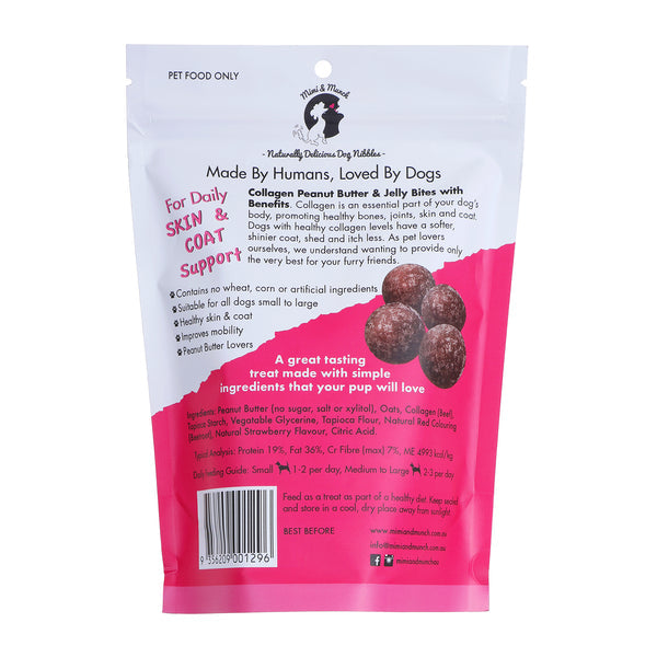 Reverse side of packet of collagen peanut butter and jelly bites dog treats on a white background.
