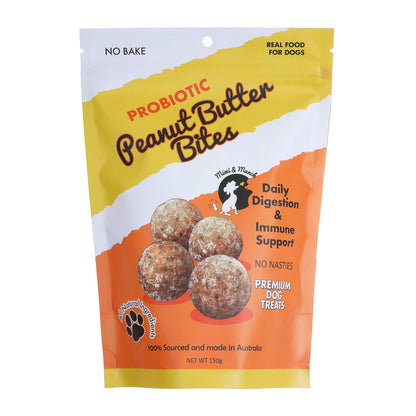 Packet of Probiotic Peanut Butter bites dog treats on a white background