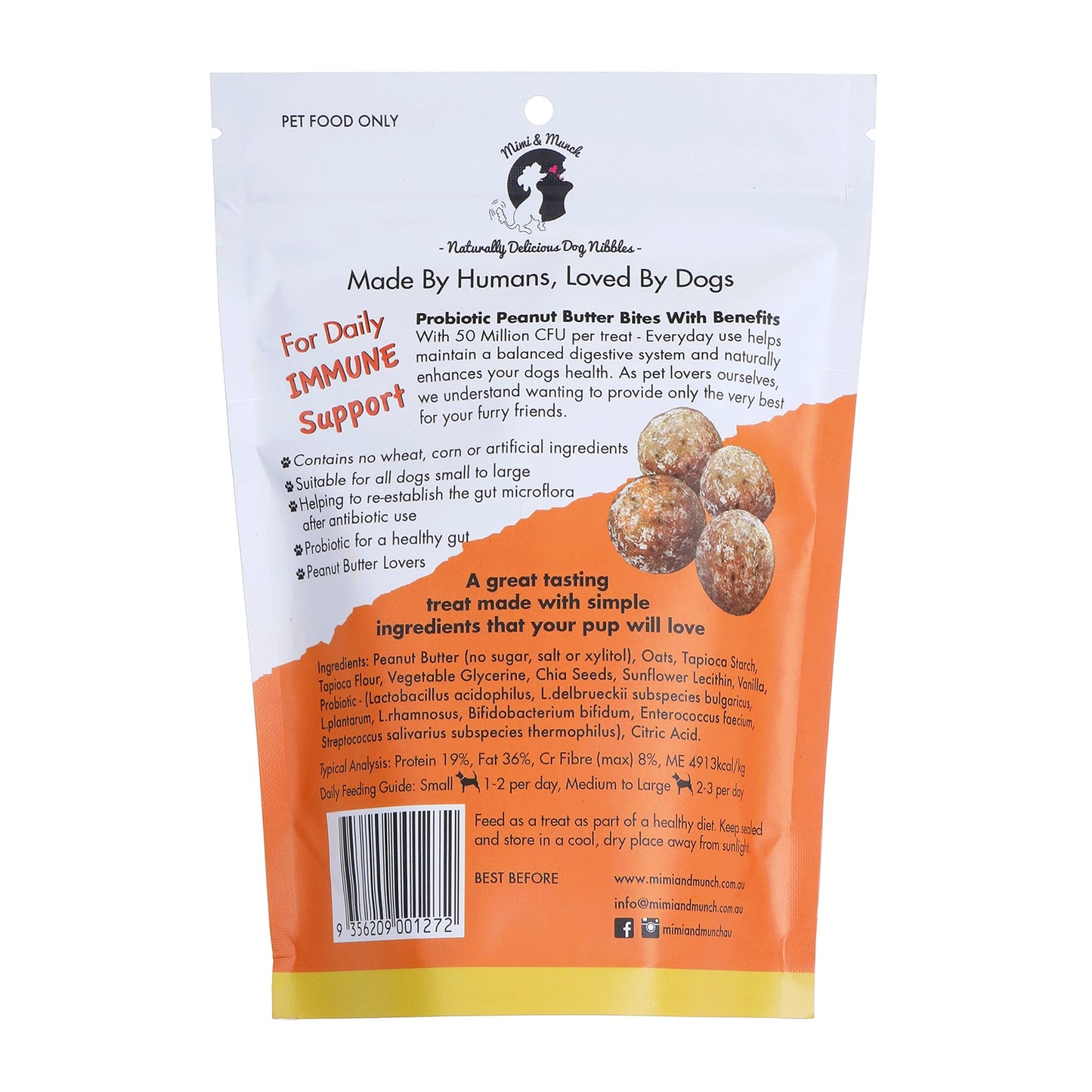 Reverse side of Packet of Probiotic Peanut Butter bites dog treats on a white background