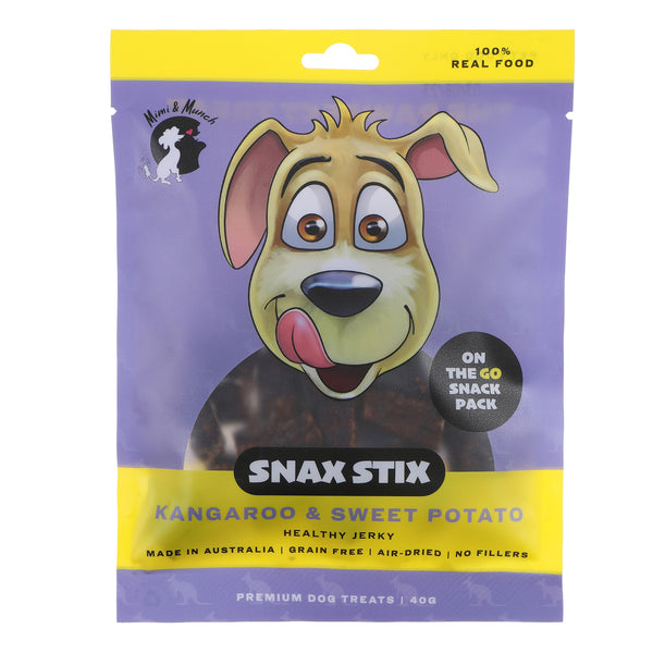 Packet of Snax Stix Kangaroo & Sweet Potato Healthy Dog Jerky on a white background