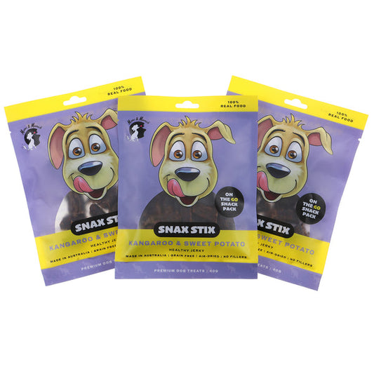 3 packets of Snax Stix Kangaroo & Sweet Potato Healthy Dog Jerky on a white background