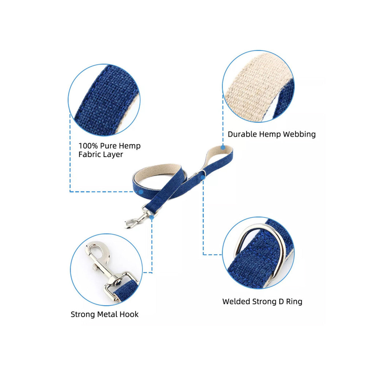 Detailed images showing the fabric and metal fixtures of the Close up photo of Organic Hemp & Cotton Dog lead shown in ink blue on a white background