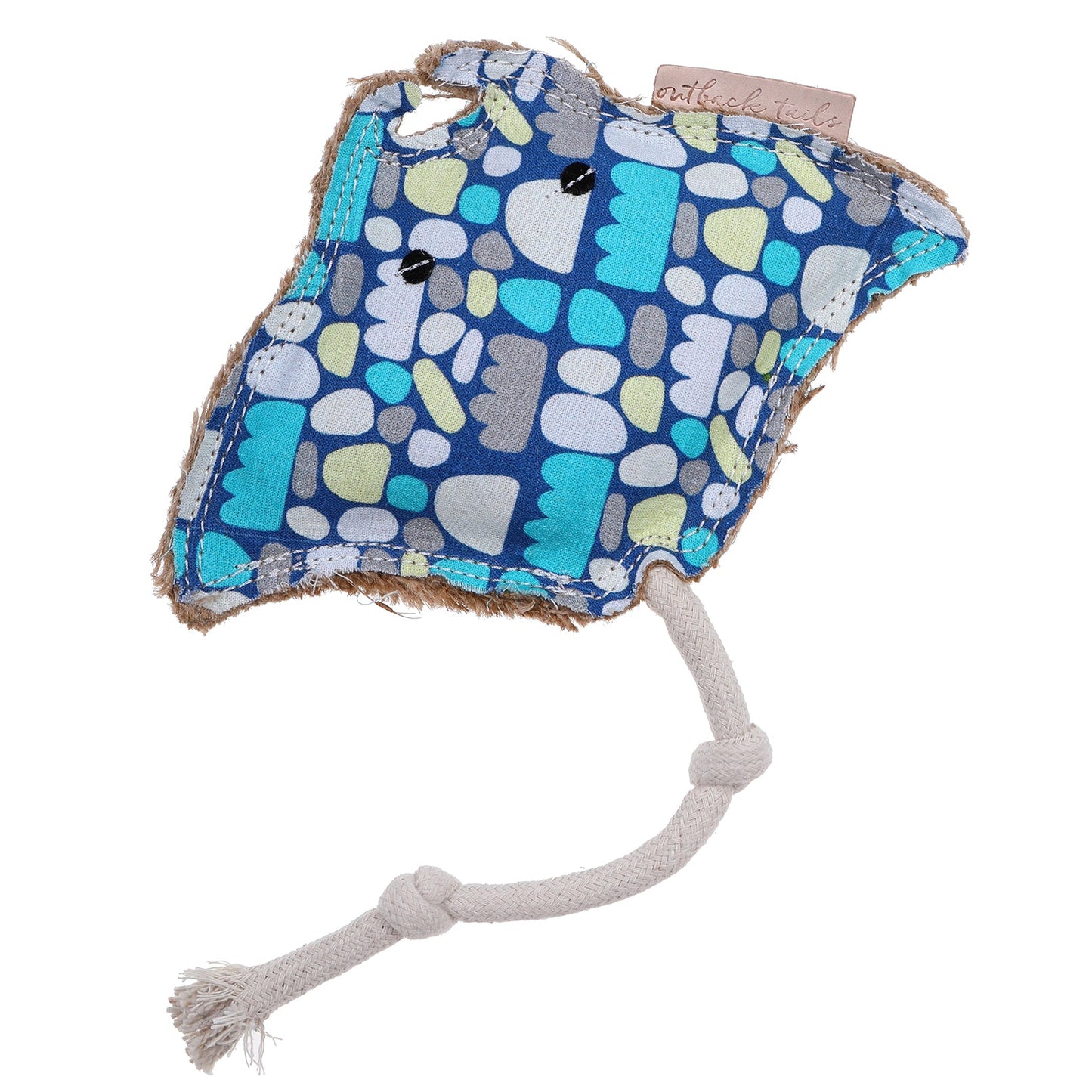 Sheree the stingray dog toy by outback tails on a white background. The toys shows the indigenous artwork print and natural fibres and double stitching with knotted natural rope for tugging