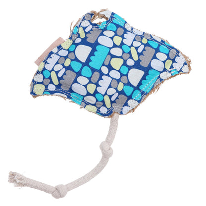 Reverse side of Sheree the stingray dog toy by outback tails on a white background. The toys shows the indigenous artwork print and natural fibres and double stitching with knotted natural rope for tugging