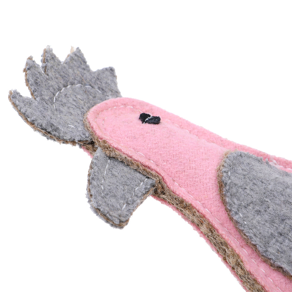Close up of eco friendly dog toy Gertie Galah by outback tails head and natural felt fabric