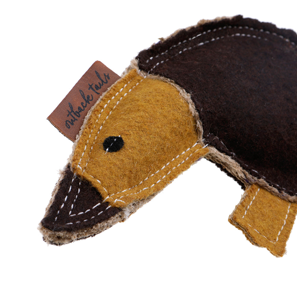 Close up of eco friendly dog toy Ed the Echidna by outback tails head and natural felt fabic