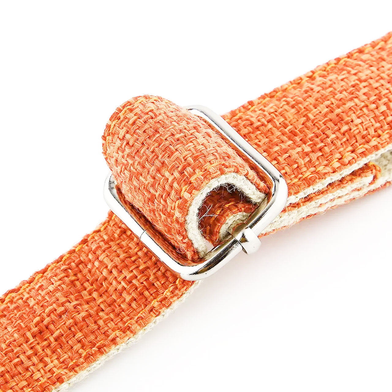 Close up of Organic Hemp & Cotton Dog Collar - orange burst shows the durable webbing of the organic hemp and cotton blend and the premium quality of the metal D ring