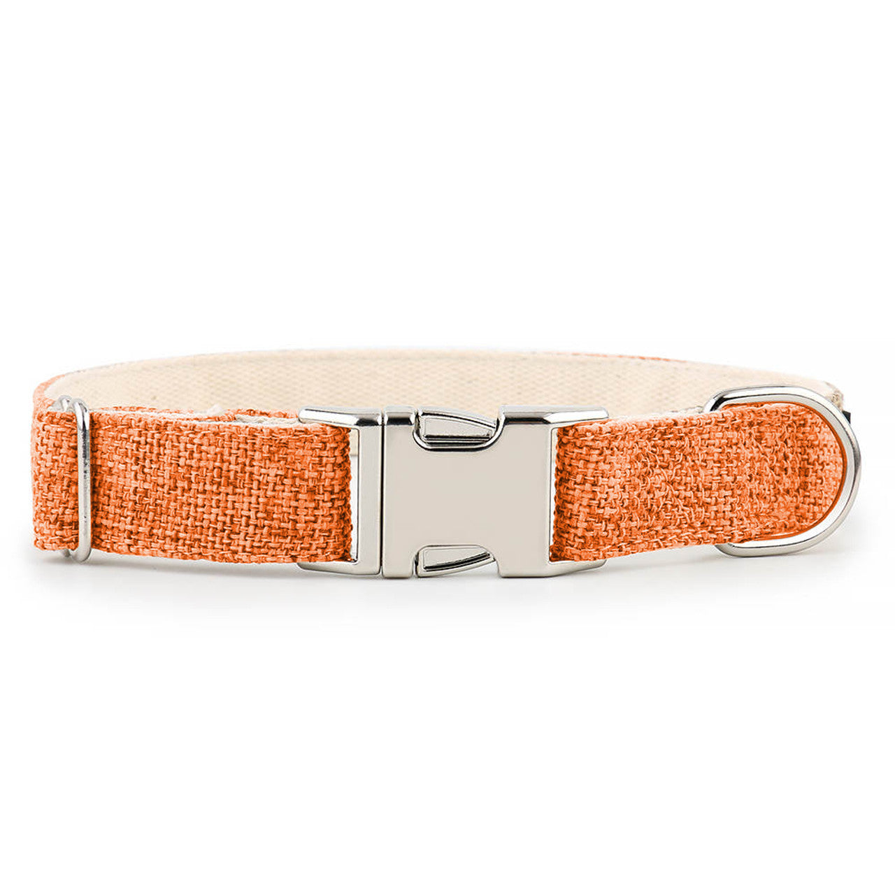 Close up photo showing the metal clip of Organic Hemp & Cotton Dog Collar orange burst on a white background