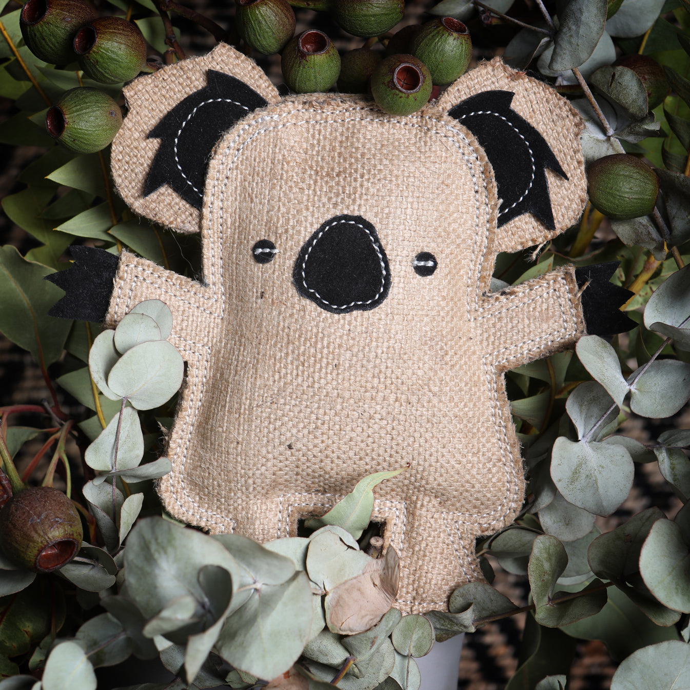 Close up of eco friendly dog toy Kevin the Koala by outback tails on a bed of native Australian plants