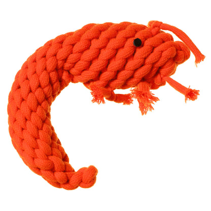 Pam The Prawn. Eco friendly Braided wool Dog Crunch Toy by outback tails. Orange in colour and on a white background