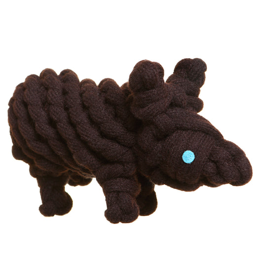 Wazza the wombt. Eco friendly Braided wool Dog Crunch Toy by outback tails. Brown in colour and on a white background