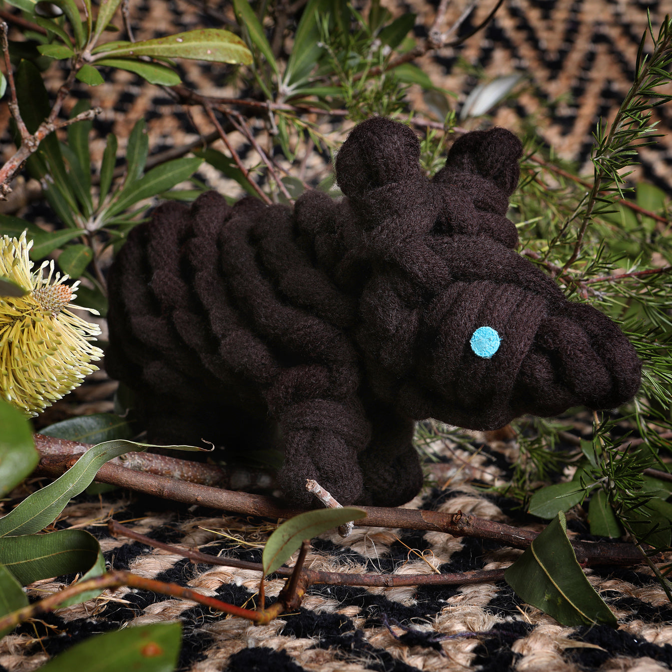 Wazza the wombt. Eco friendly Braided wool Dog Crunch Toy by outback tails. Brown in colour and on a background of Australian native plants