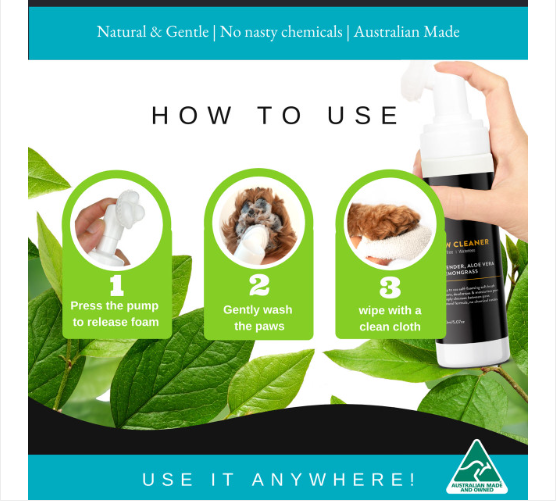 Image showing how to use the rinse free paw cleaner for dogs. 1 press the pump to release the foam. 2 gently wash the paws. 3 wipe with a clean cloth