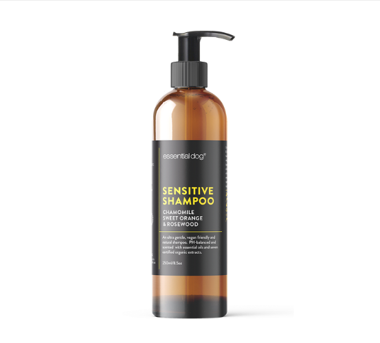 Pump bottle of Sensitive Dog shampoo Chamomile, Orange & Rosewood on a white background