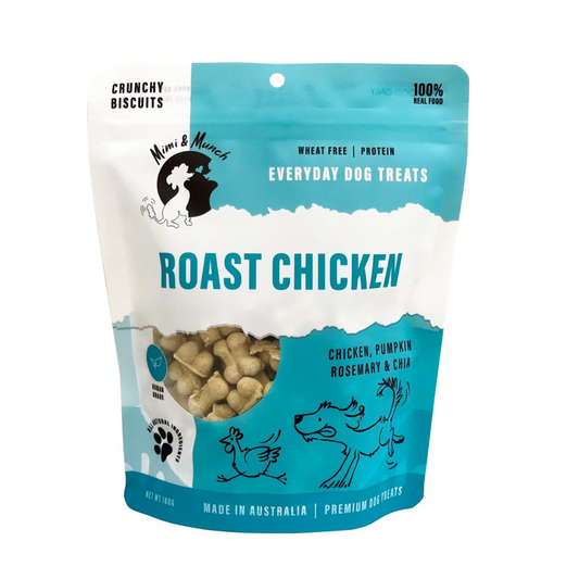 Packet of roast chicken dog treats on a white background