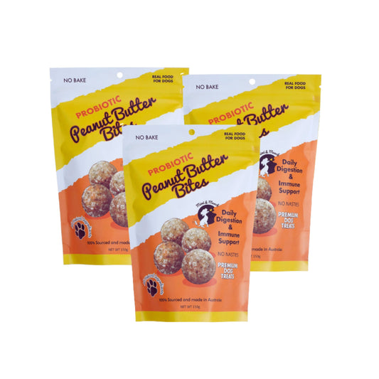 3 packets  of Probiotic Peanut Butter bites dog treats on a white background
