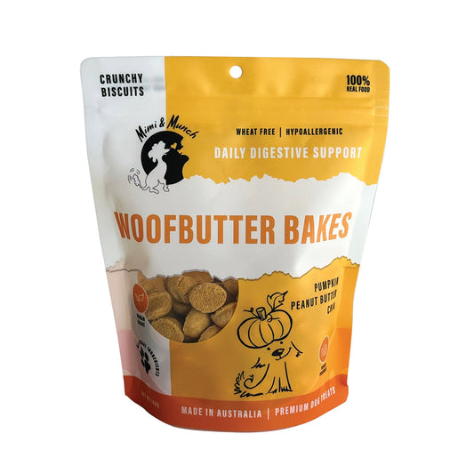 Packet of woofbutter bakes dog treats on a white background