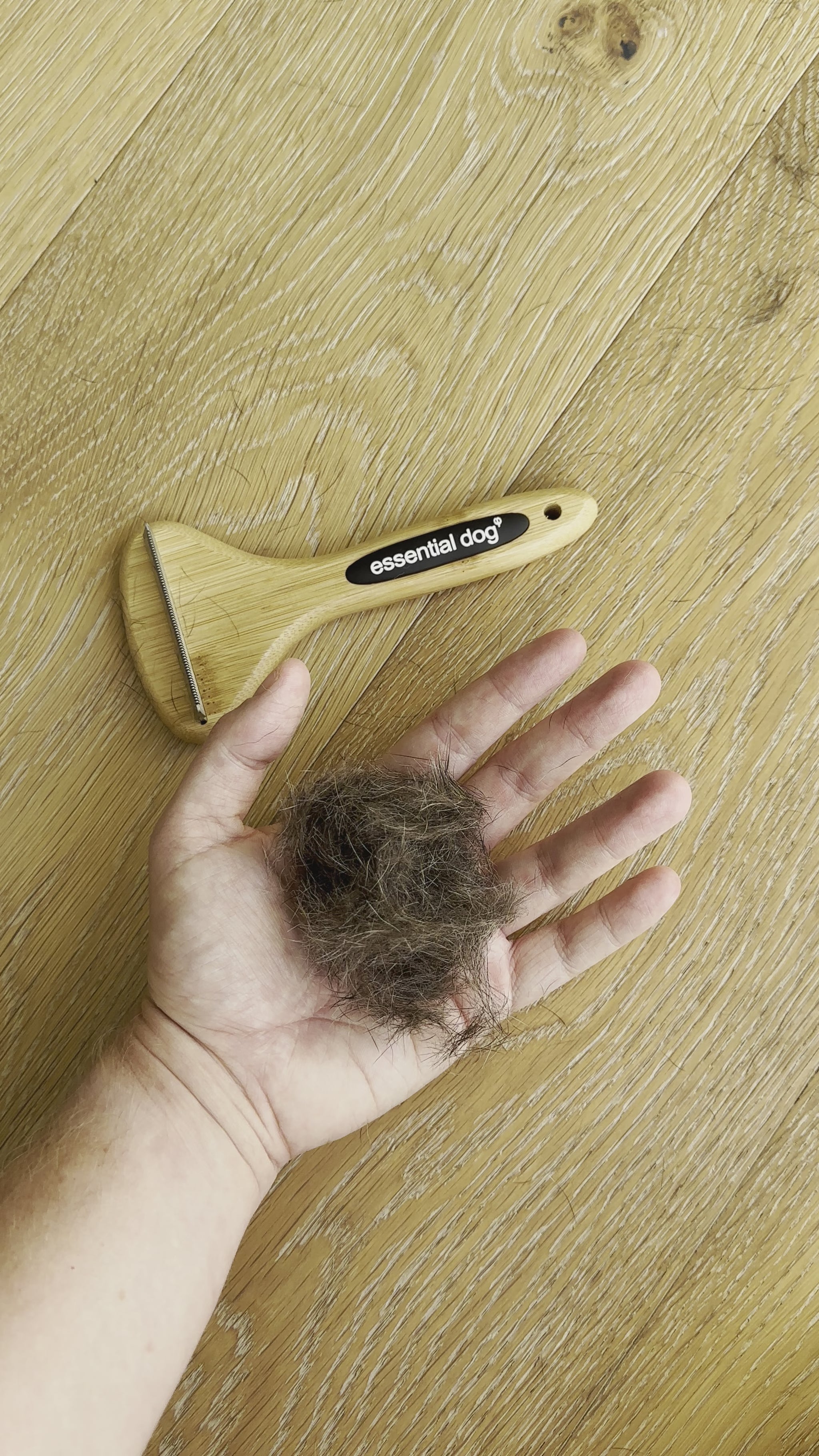 Natural bamboo deshedding brush on wooden floor. Video zooming in on large handful of dog hair removed from using the brush